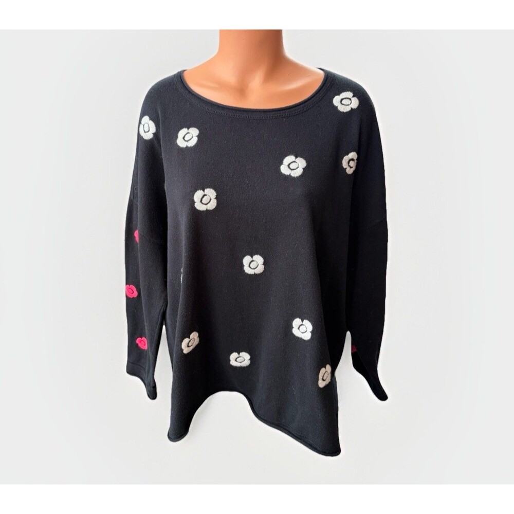 Lisa Todd Womens Black Cotton Knit Sweater Size 2X Embroidered Floral Plus